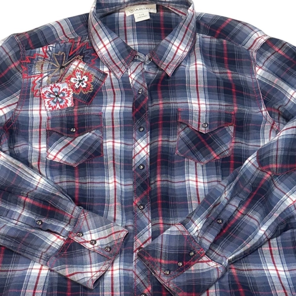 Ariat Plaid Western Shirt Women Large Blue Cowgirlcore Embroidered Patches Snaps